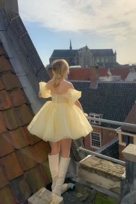 square neck short puff yellow organza homecoming dress