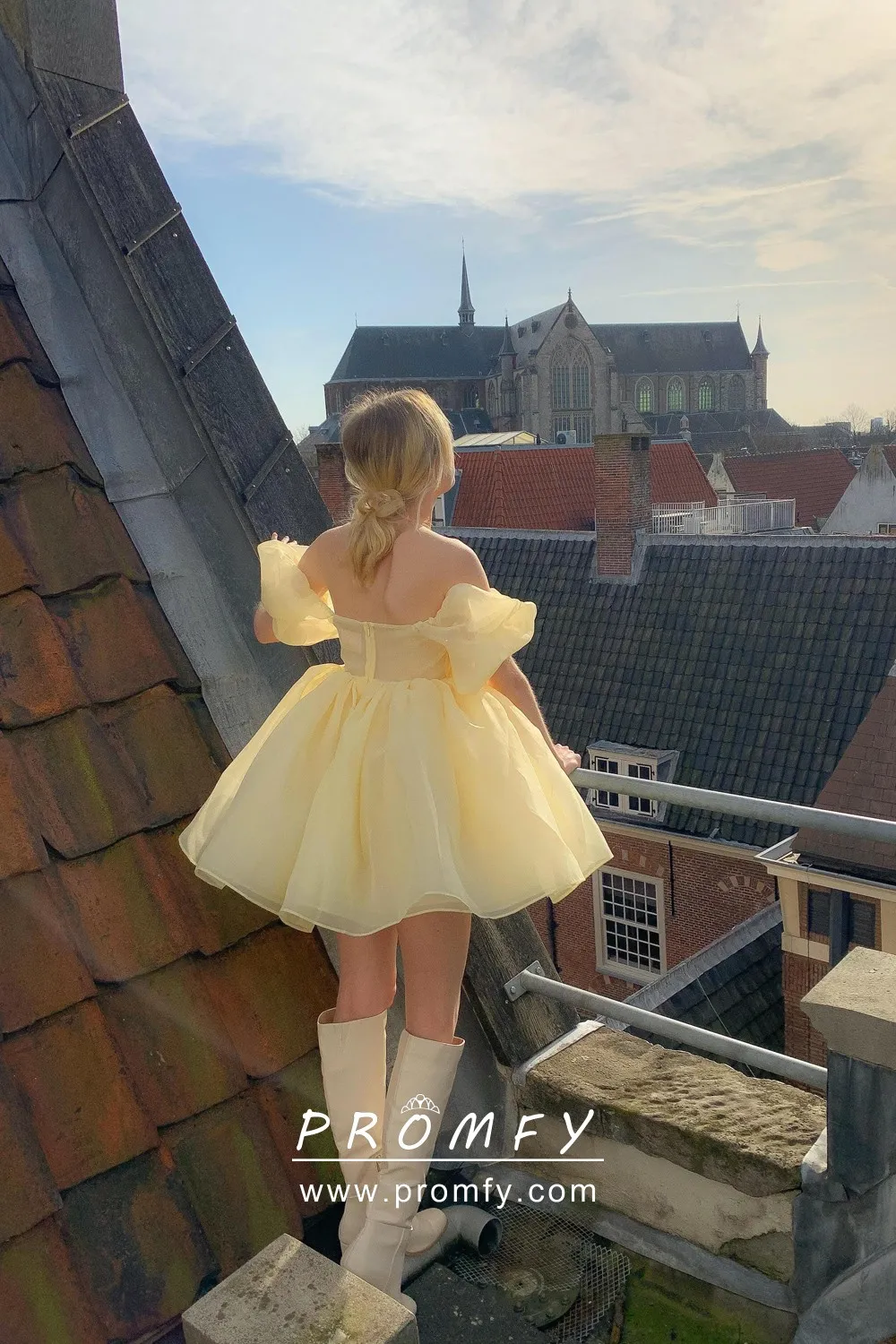 Square Neck Short Puff Yellow Organza Dress Promfy