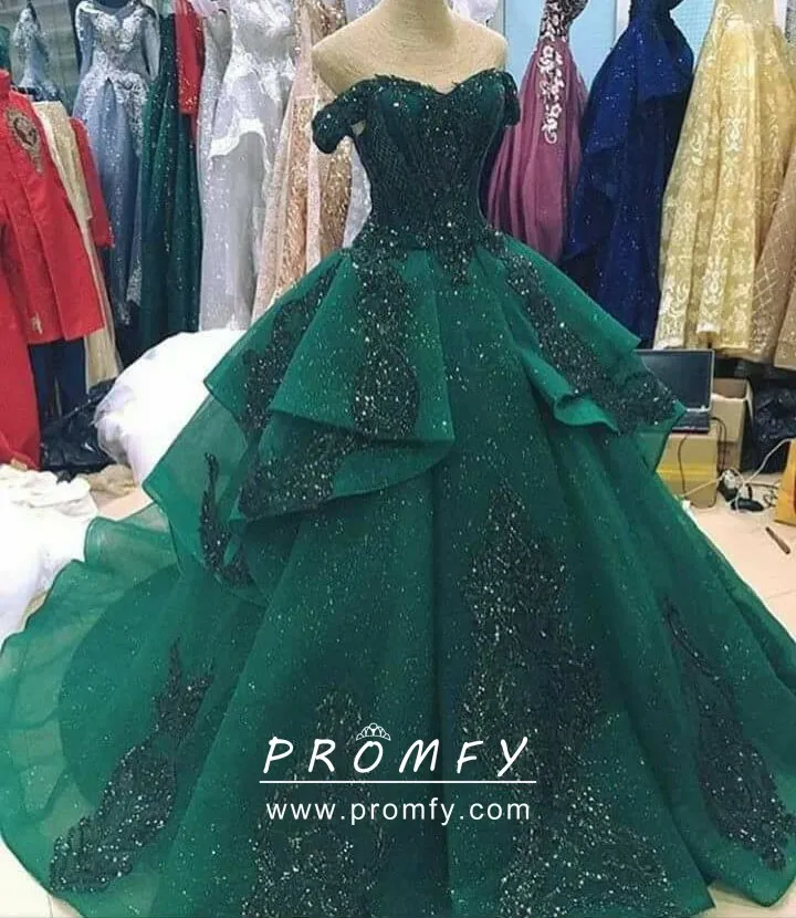 Off Shoulder Mini Ball Gown Prom Dress With Bow - Emerald Green main image 1