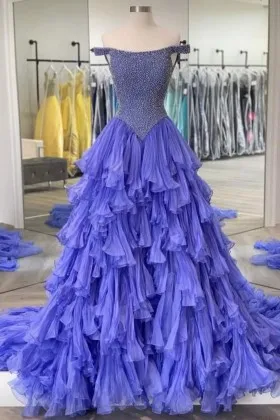 unique blue purple tiered ruffles prom dance dress