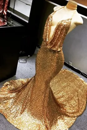 sparkly gold sequin deep cowl neck halter mermaid dress