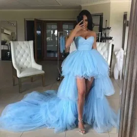 sky blue strapless tiered tulle high low occasion dress