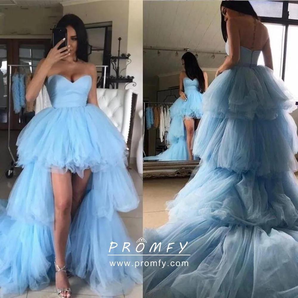 Sky Blue Strapless Tiered Tulle HighLow Occasion Dress Promfy