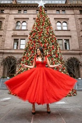 red starry tulle corset tea length prom dance dress