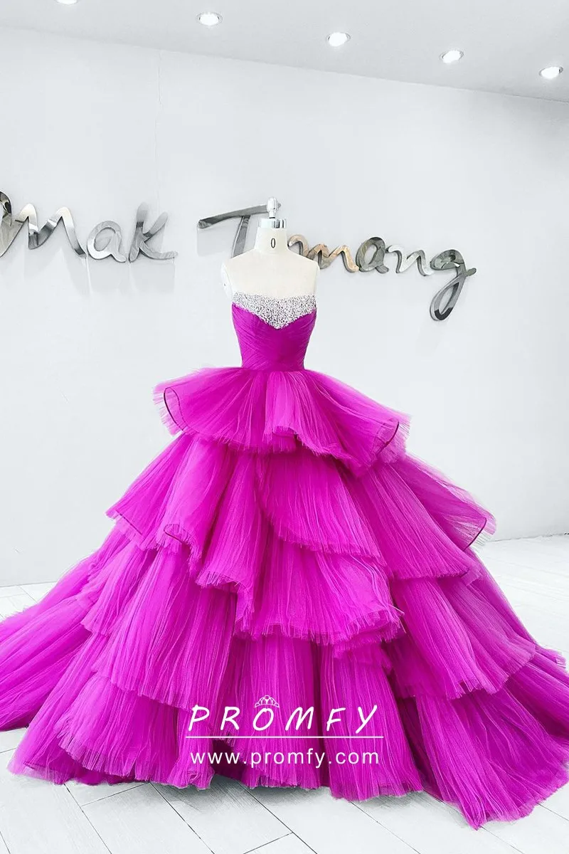 Illusion Neck Tulle Dress with Applique Detail Fuchsia