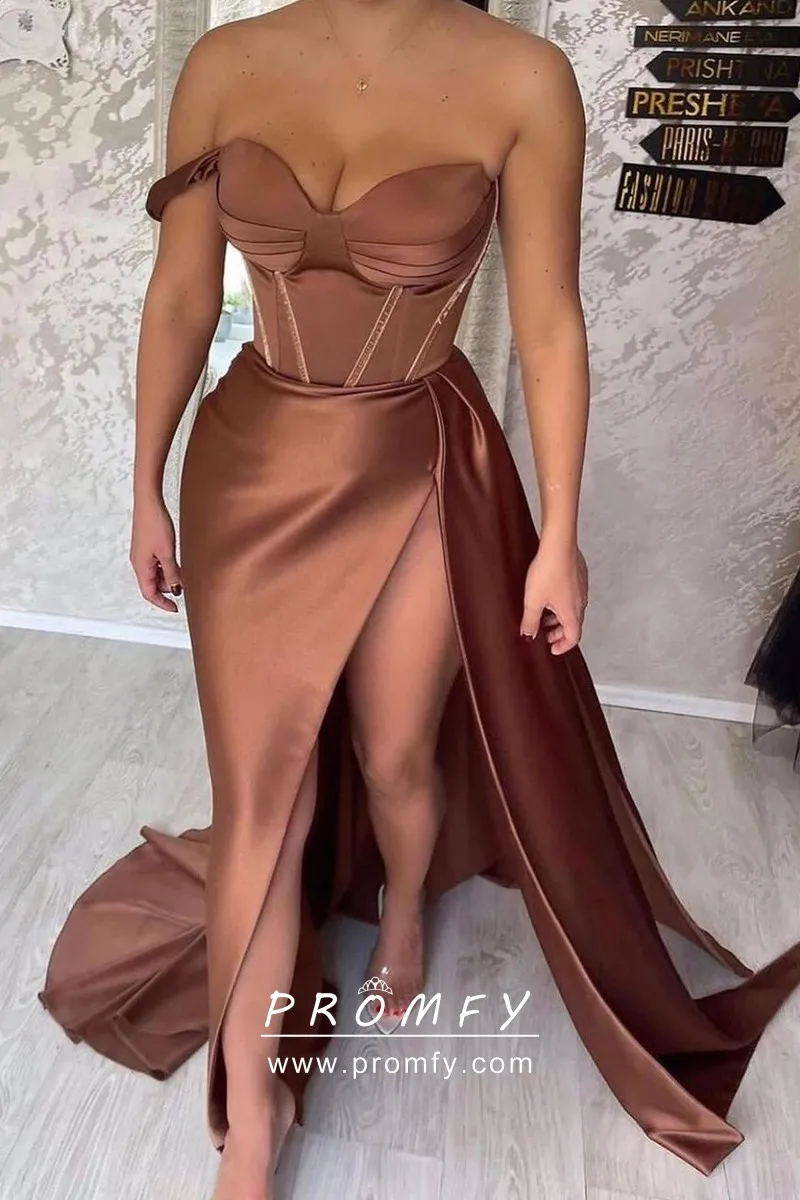 Caramel Brown Corset One Strap High-Slit Prom Dress - Promfy