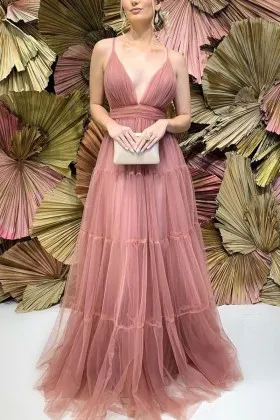 feminine plunge neck mauve pleated tulle evening dress