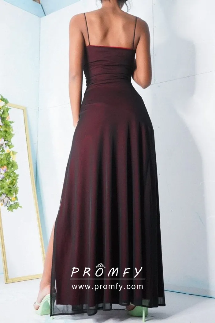 Vintage 90s Burgundy & Black Chiffon Overlay Party Dress Promfy