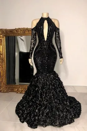 sparkly black rosette trumpet special occasion dress