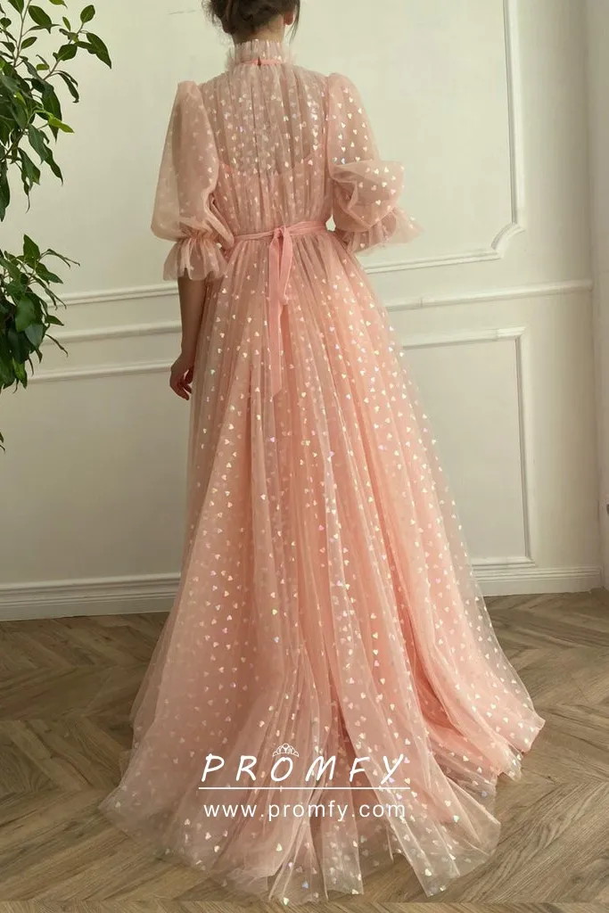Modest High-neck Pink Hearts Tulle Wedding Guest Dress - Promfy