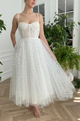 spaghetti strap white hearts tulle graduation party dress