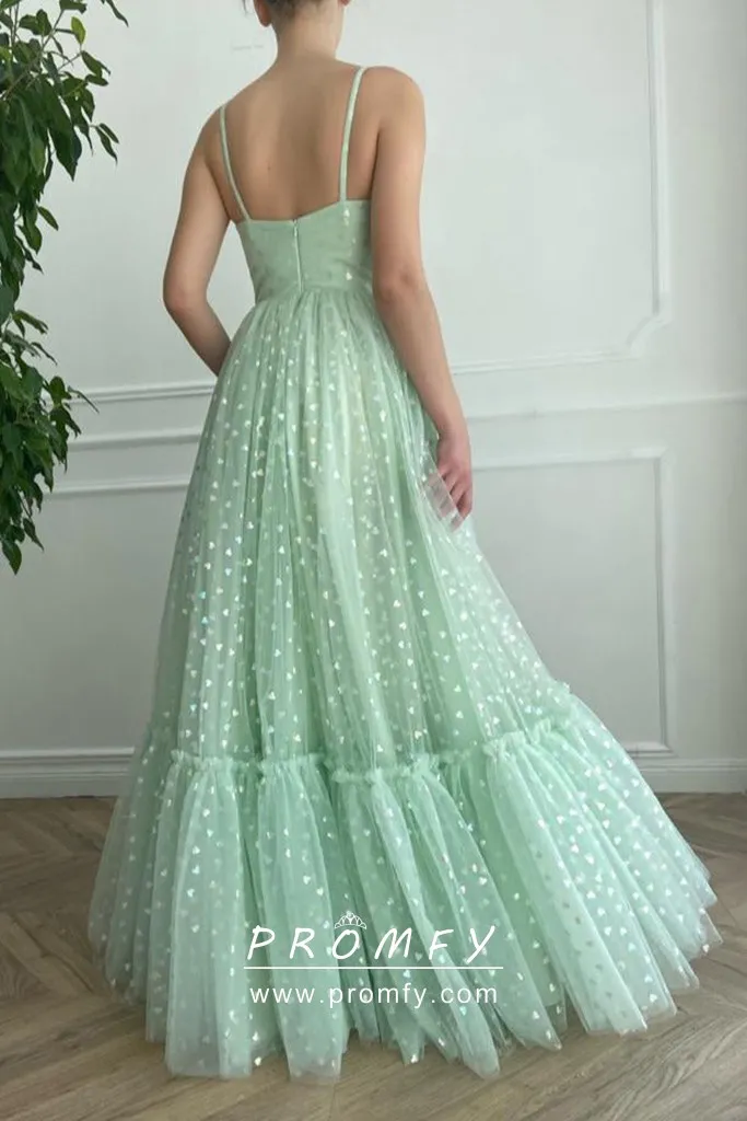 Vneck Mint Green Hearts Tulle Aline Long Prom Dress Promfy