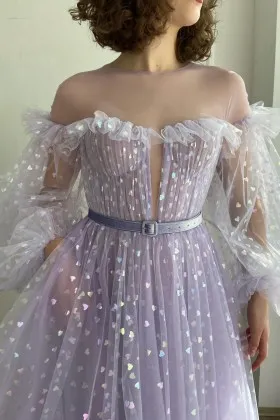 off shoulder puff sleeve lavender hearty tulle prom gown