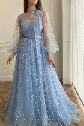 unique corset illusion high neck blue hearty tulle dress