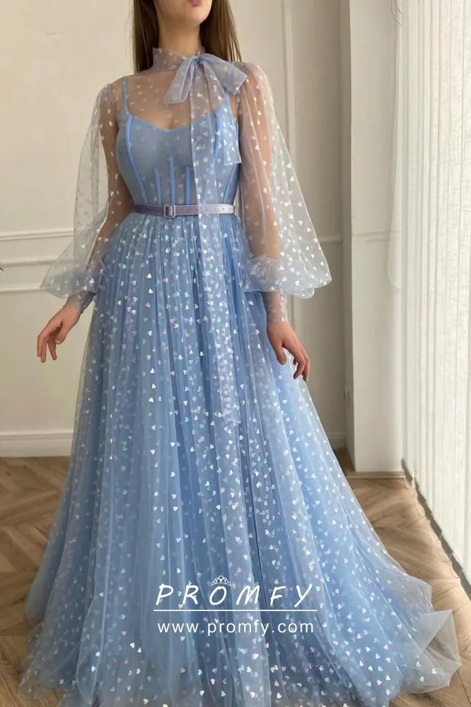 Unique Corset Illusion Highneck Blue Hearty Tulle Dress Promfy