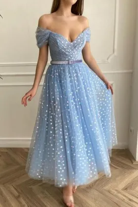 off shoulder straps blue hearty tulle prom dance dress