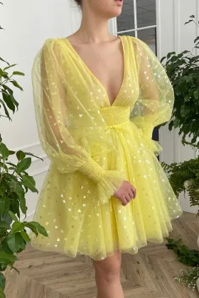 yellow heart tulle v neck sleeved short homecoming dress