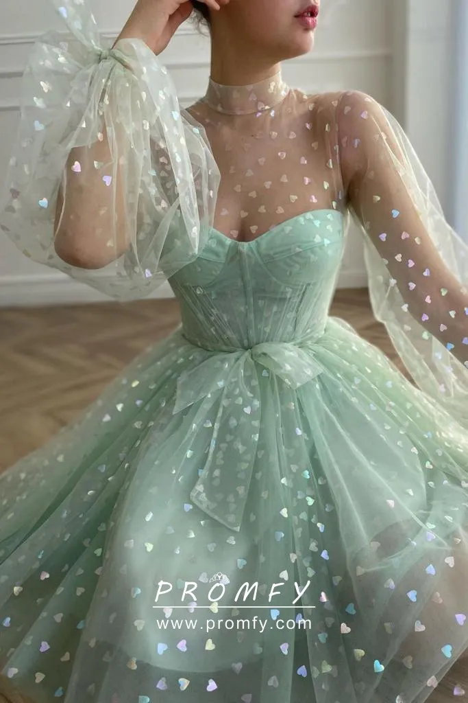 Mint Hearty Tulle Illusion Highneck Mini Cocktail Dress Promfy
