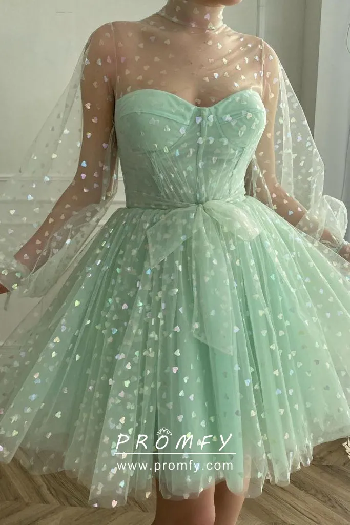 Mint Hearty Tulle Illusion Highneck Mini Cocktail Dress Promfy