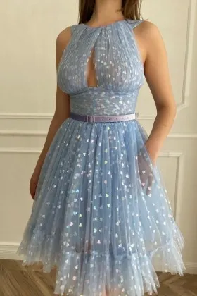 halter hearty blue tulle knee length semi formal dress