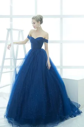 off the shoulder shimmering ink blue tulle ball gown