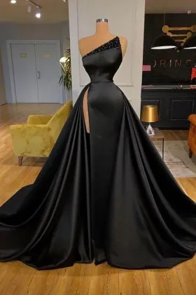 One-shoulder Black Satin Ball Gown 