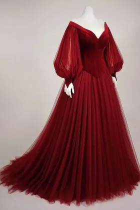 vintage dark red velvet tulle long sleeve prom gown