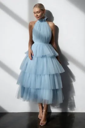 classy blue high neck tiered tulle midi birthday dress
