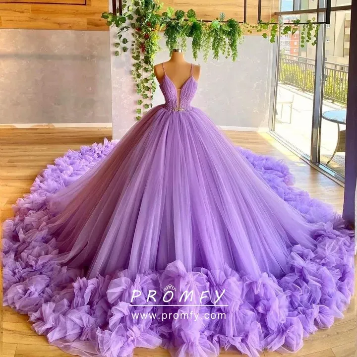Amazing Purple Ruffled Train Fairy Birthday Quince Dress Promfy
