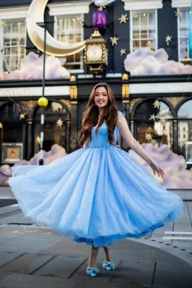 starry sky blue tulle tea length prom dance dress