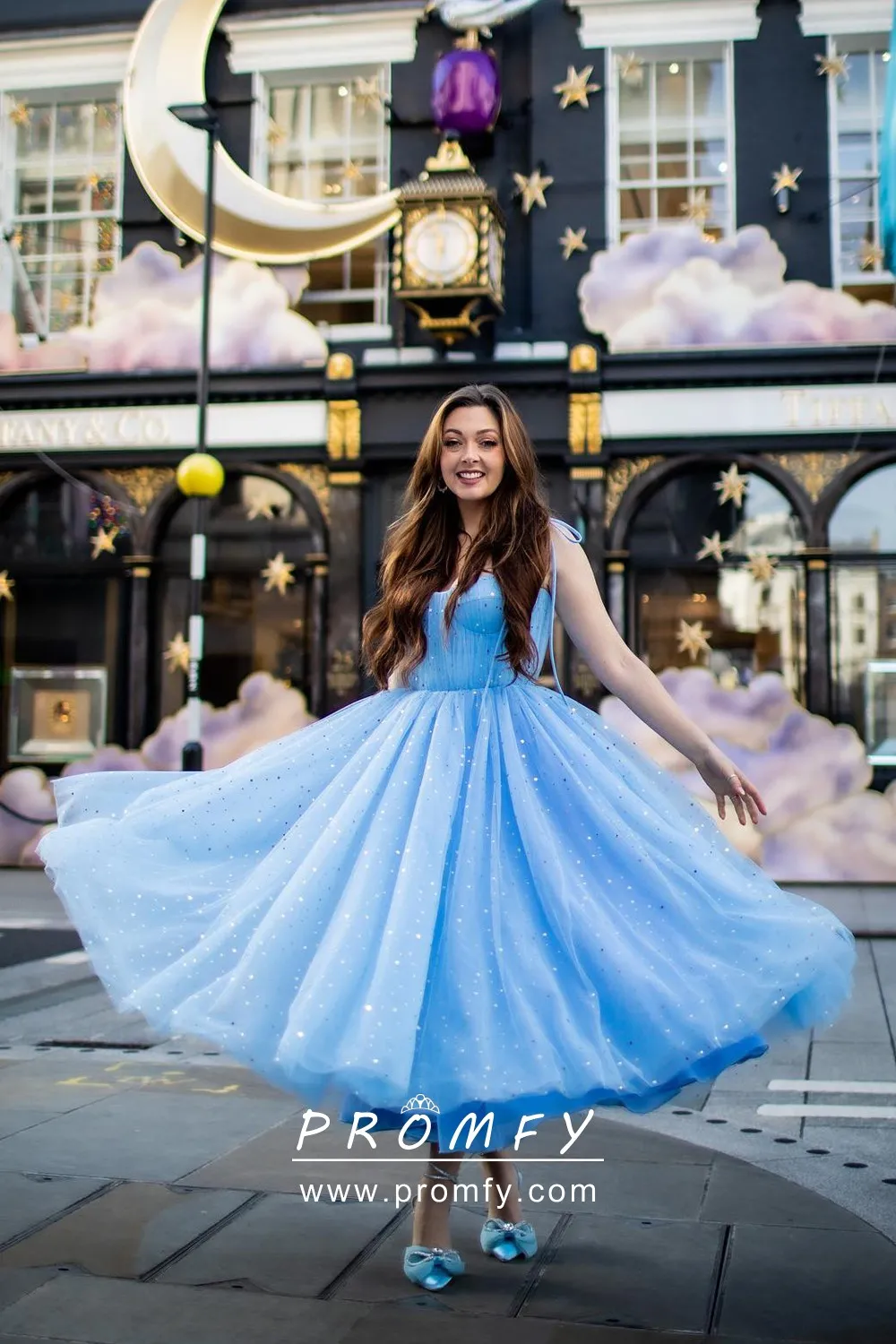 Dark blue tulle tea length prom dress, blue formal dress