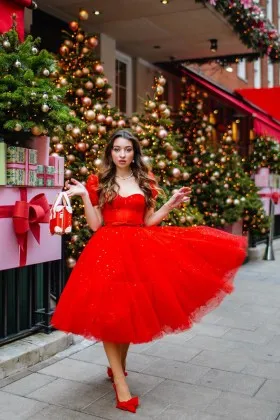 red starry tulle puff sleeve midi christmas outfit dress