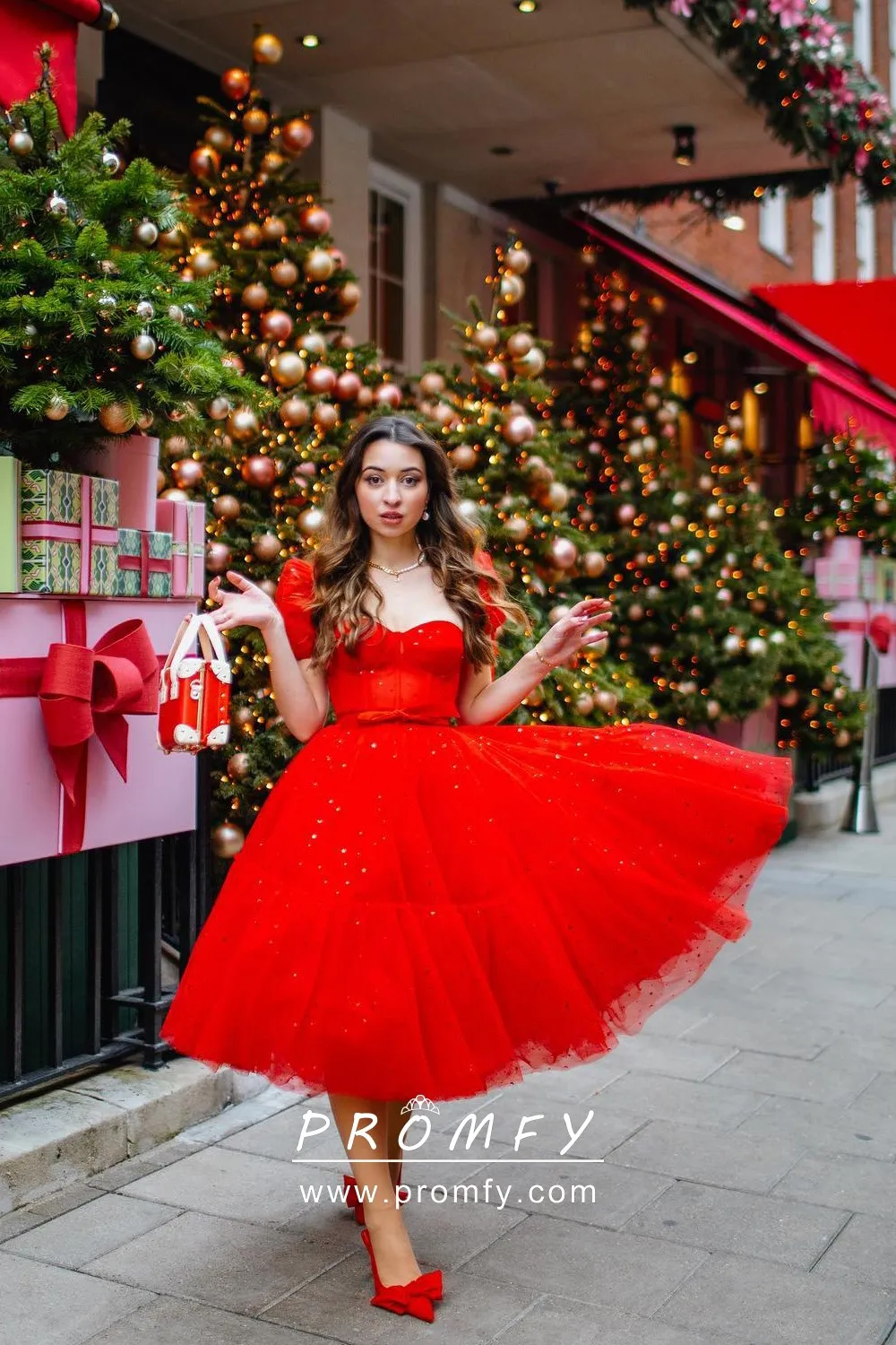 Red Starry Tulle Puff Sleeve Midi Christmas Outfit Dress Promfy