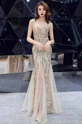champagne gold sequin tulle godet trumpet gown for women