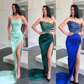 asymmetrical neck strapless slim fit split prom dresses