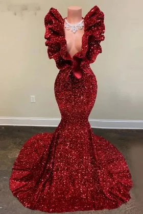 red sequin ruffled neck mermaid special occasion dress