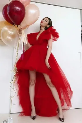 red ruffled cap sleeve high low birthday party dress