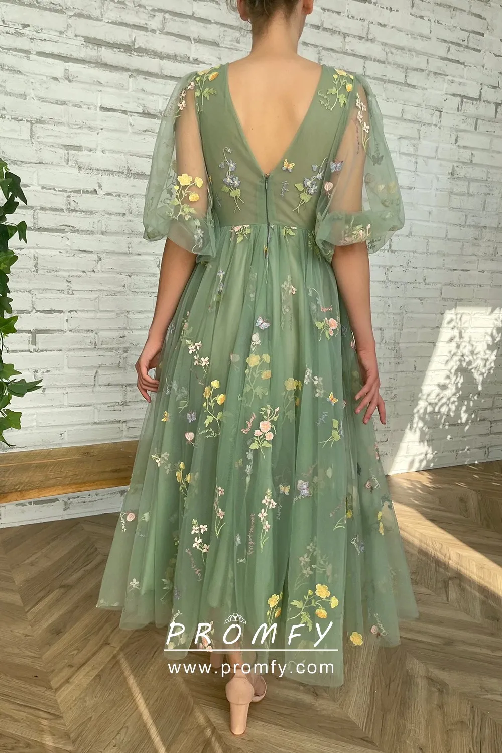 Sage Green Embroidery Flower Tulle Maxi Dress Promfy