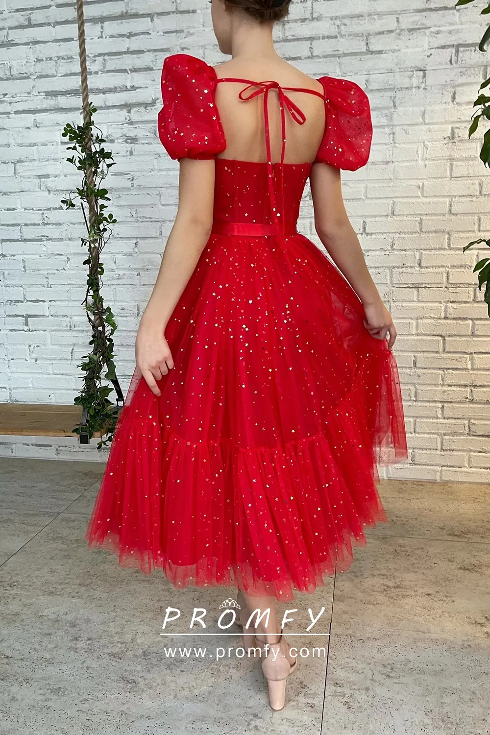 Red Starry Tulle Corset Short Sleeve Prom & Dance Dress Promfy