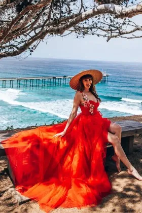 romantic embroidery flower red tulle long occasion dress