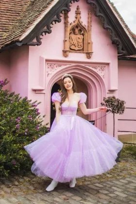 lilac heart tulle puff sleeve birthday party dress