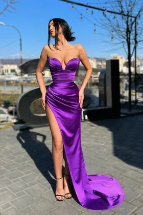 Elegant Purple Satin Strapless High Split Long Prom Gown