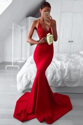 red satin lace spaghetti strap trumpet occasion dress