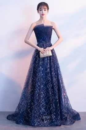 sparkly sequined mesh dark blue a line long prom dress