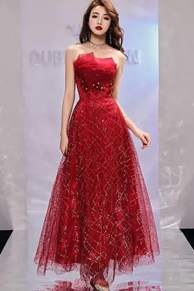 sparkly red sequined mesh a line ankle length prom dress