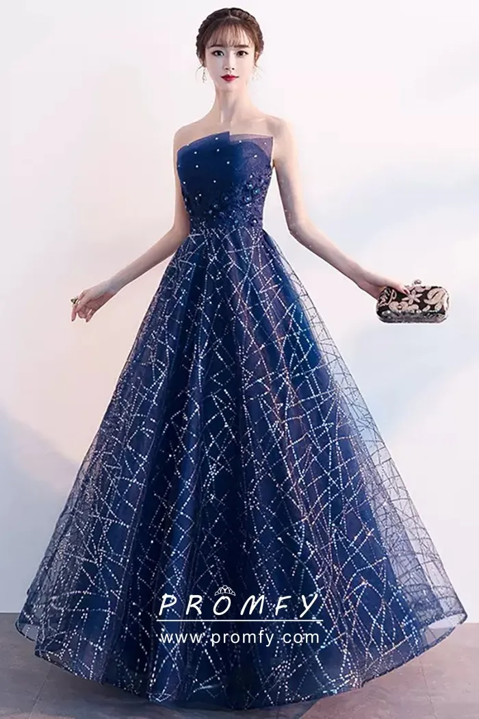 Shimmer Navy Blue Tulle Strapless Graduation Prom Dress Promfy