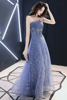 dusty blue sequined tulle lace a line graduation dress