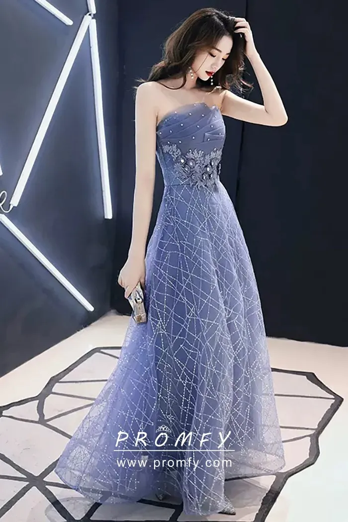 Dusty Blue Ball Gown Prom Evening Dress with Off the Shoulder Neckline