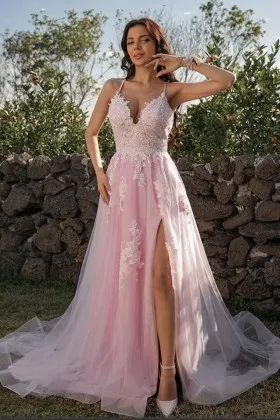 spaghetti strap pink lace tulle slit classic prom gown