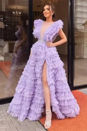 plunging v neck lilac lace tulle tiered split prom dress